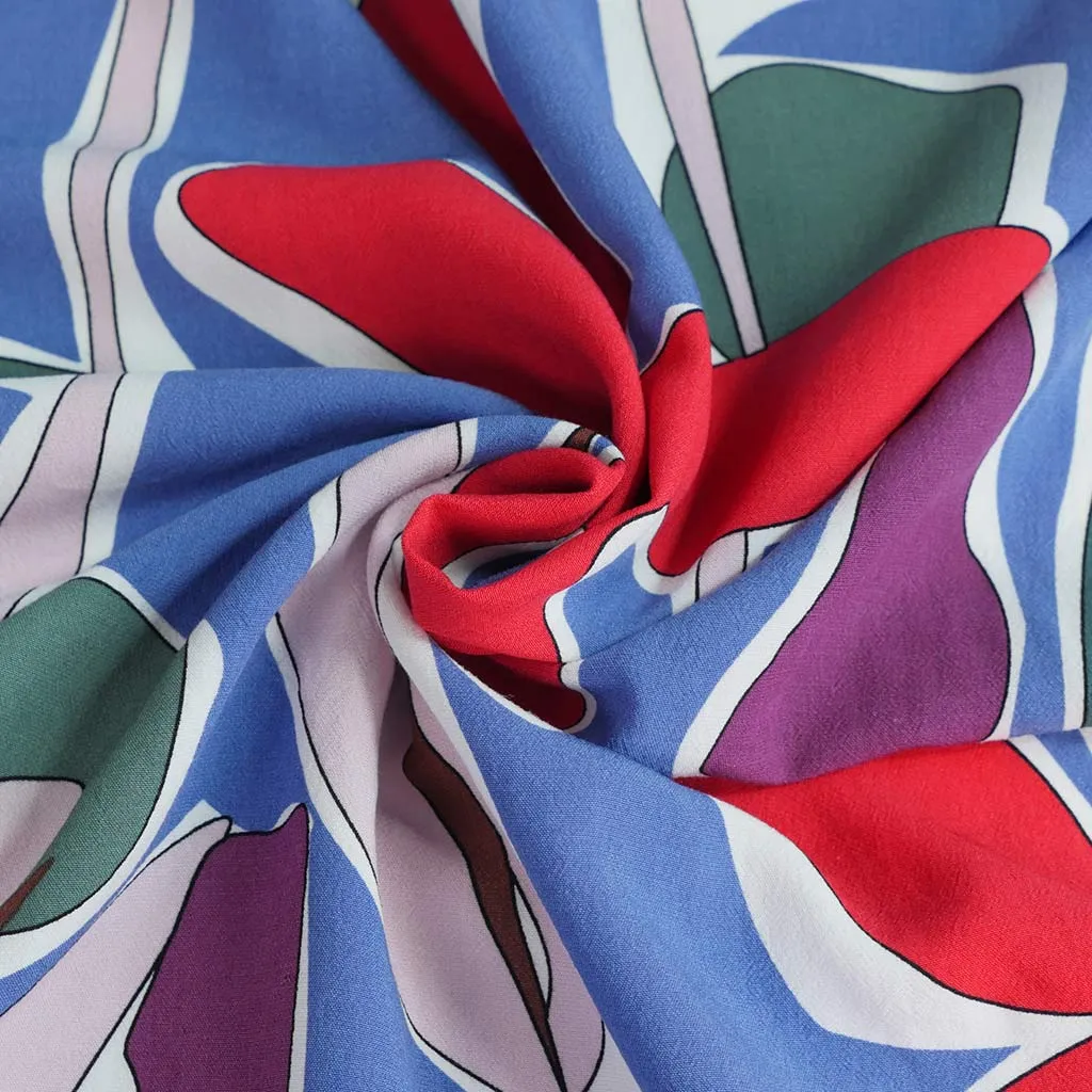 Madison - Blue Pop Flowers Viscose Crepe Woven Fabric Sample