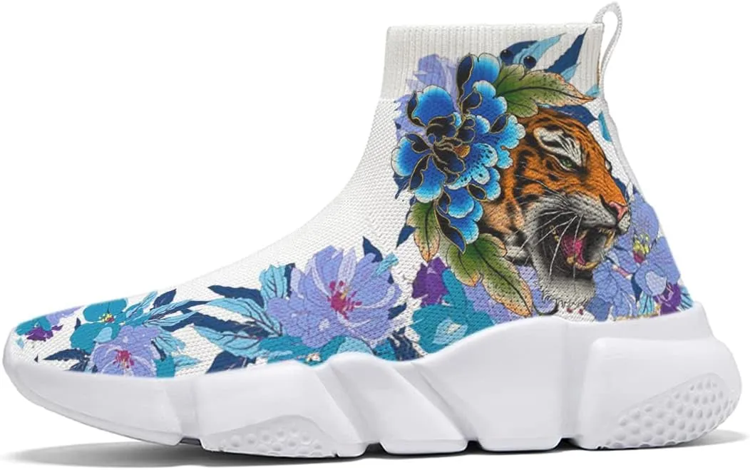 Men's Running Shoes Lightweight Breathable Walking Shoes Flower Tiger Non Slip Athletic Fashion Sneakers Mesh Workout Casual Sports