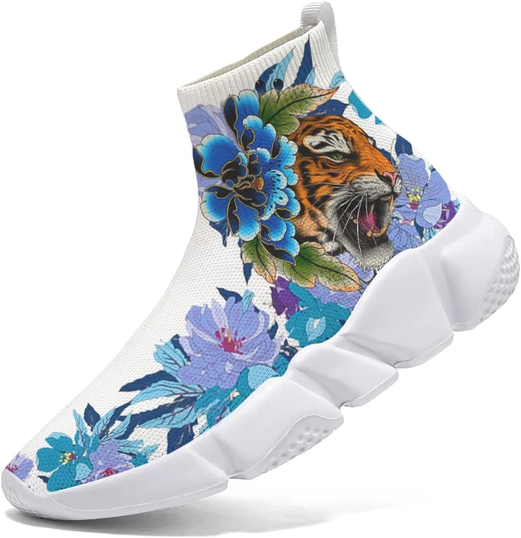 Men's Running Shoes Lightweight Breathable Walking Shoes Flower Tiger Non Slip Athletic Fashion Sneakers Mesh Workout Casual Sports