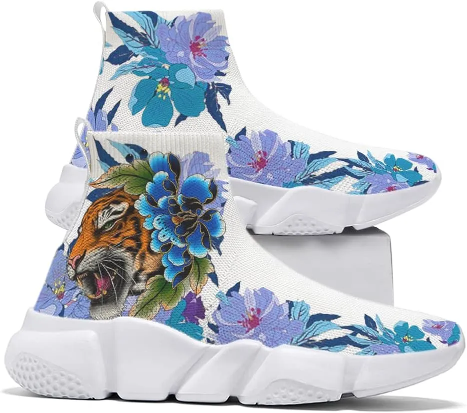 Men's Running Shoes Lightweight Breathable Walking Shoes Flower Tiger Non Slip Athletic Fashion Sneakers Mesh Workout Casual Sports