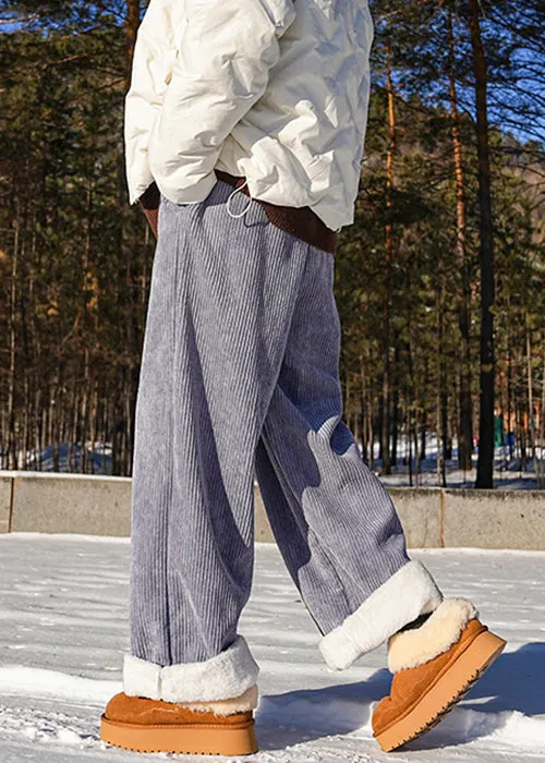 Modern Blue Lace Up Elastic Waist Warm Fleece Mens Pants Winter RM046