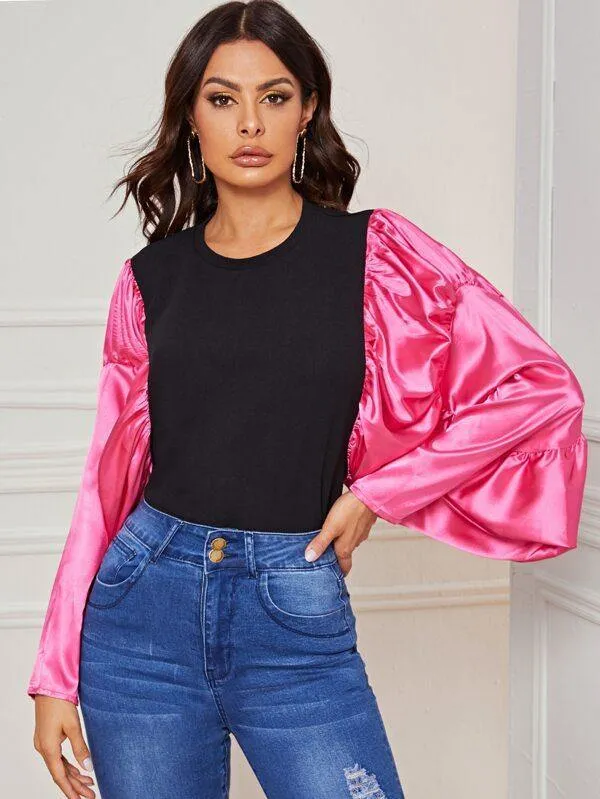 Neon Exaggerated Batwing Sleeve Colorblock Top