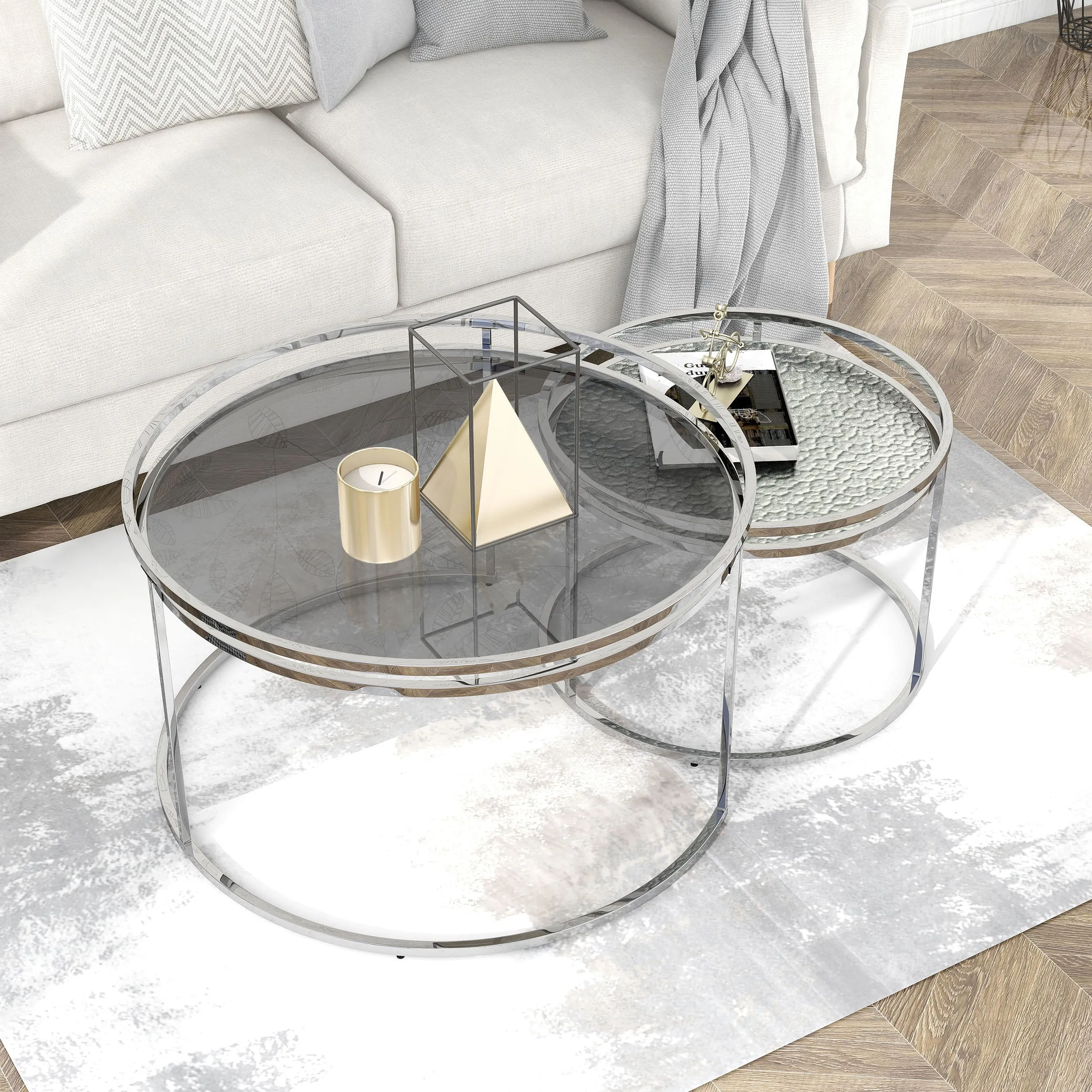 Newington Glam Chrome 2-Piece Water Ripples Glass Round Nesting Tables Set