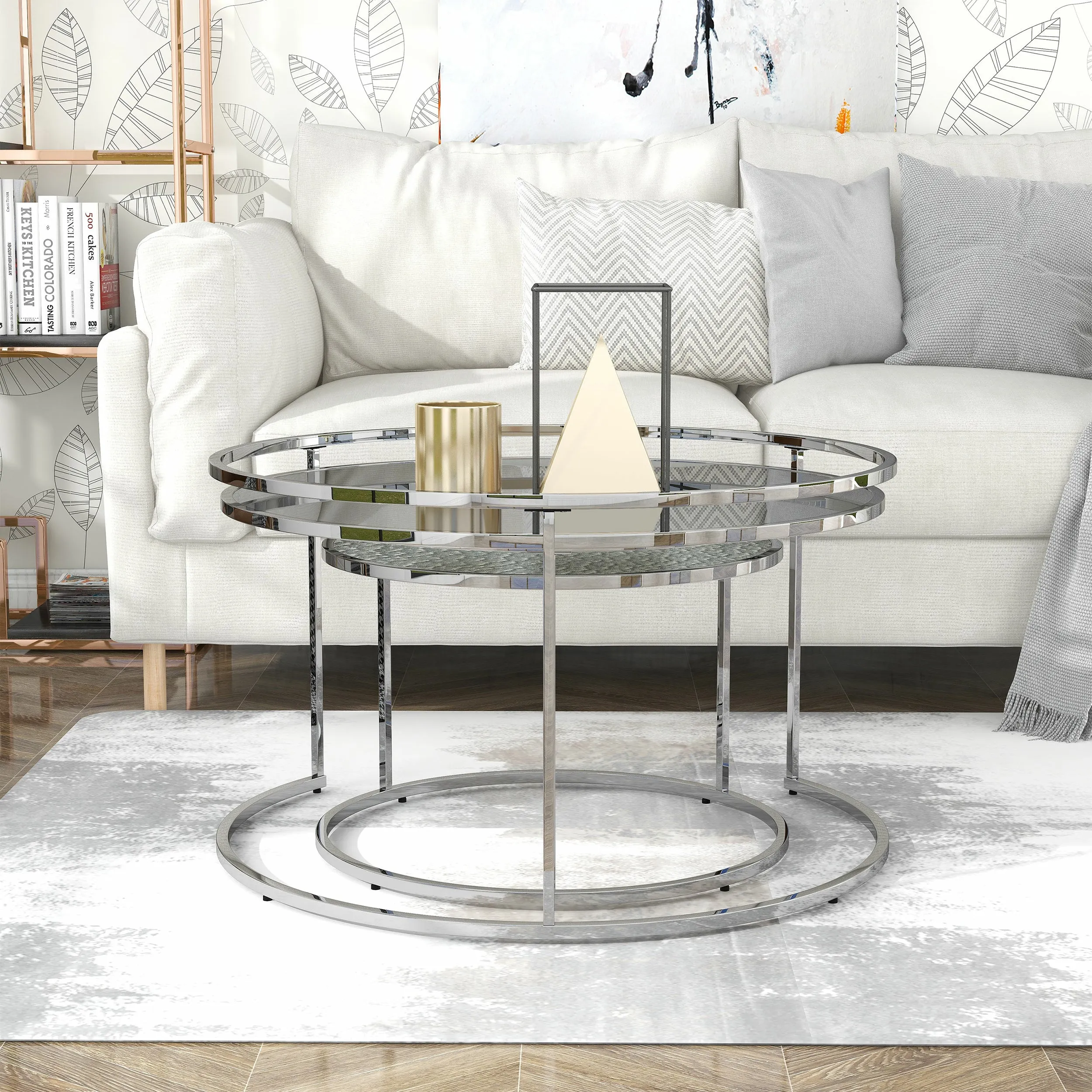 Newington Glam Chrome 2-Piece Water Ripples Glass Round Nesting Tables Set