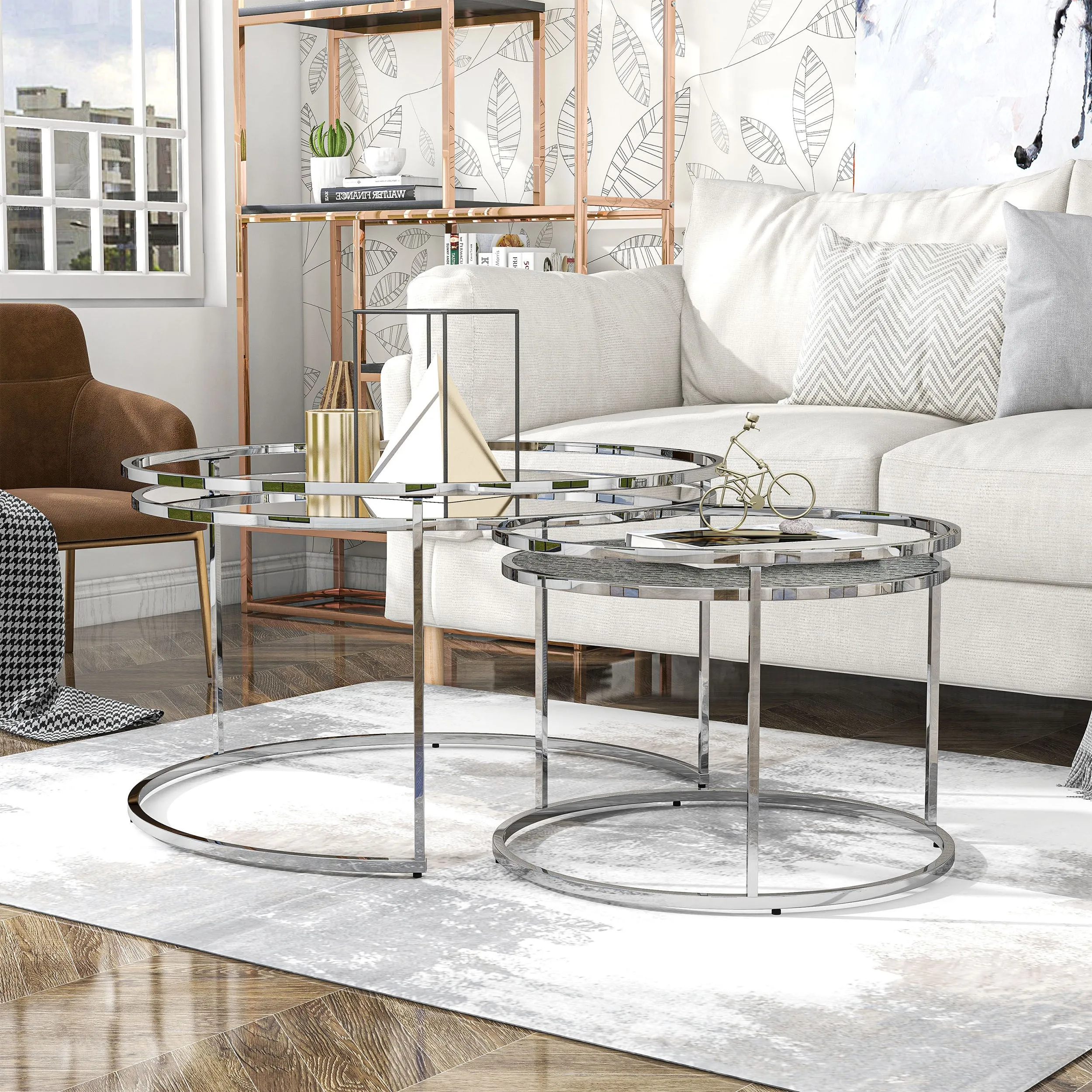 Newington Glam Chrome 2-Piece Water Ripples Glass Round Nesting Tables Set