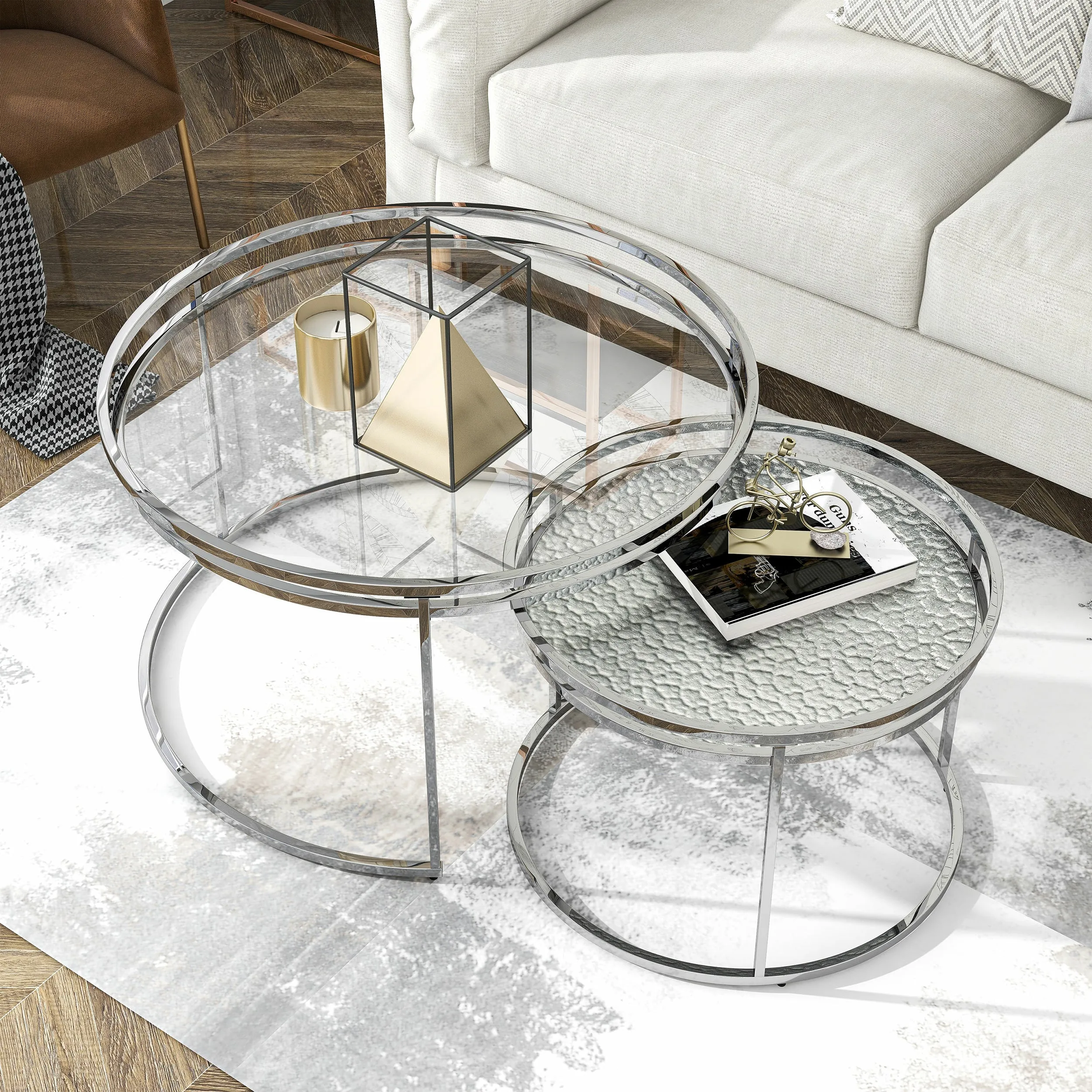 Newington Glam Chrome 2-Piece Water Ripples Glass Round Nesting Tables Set