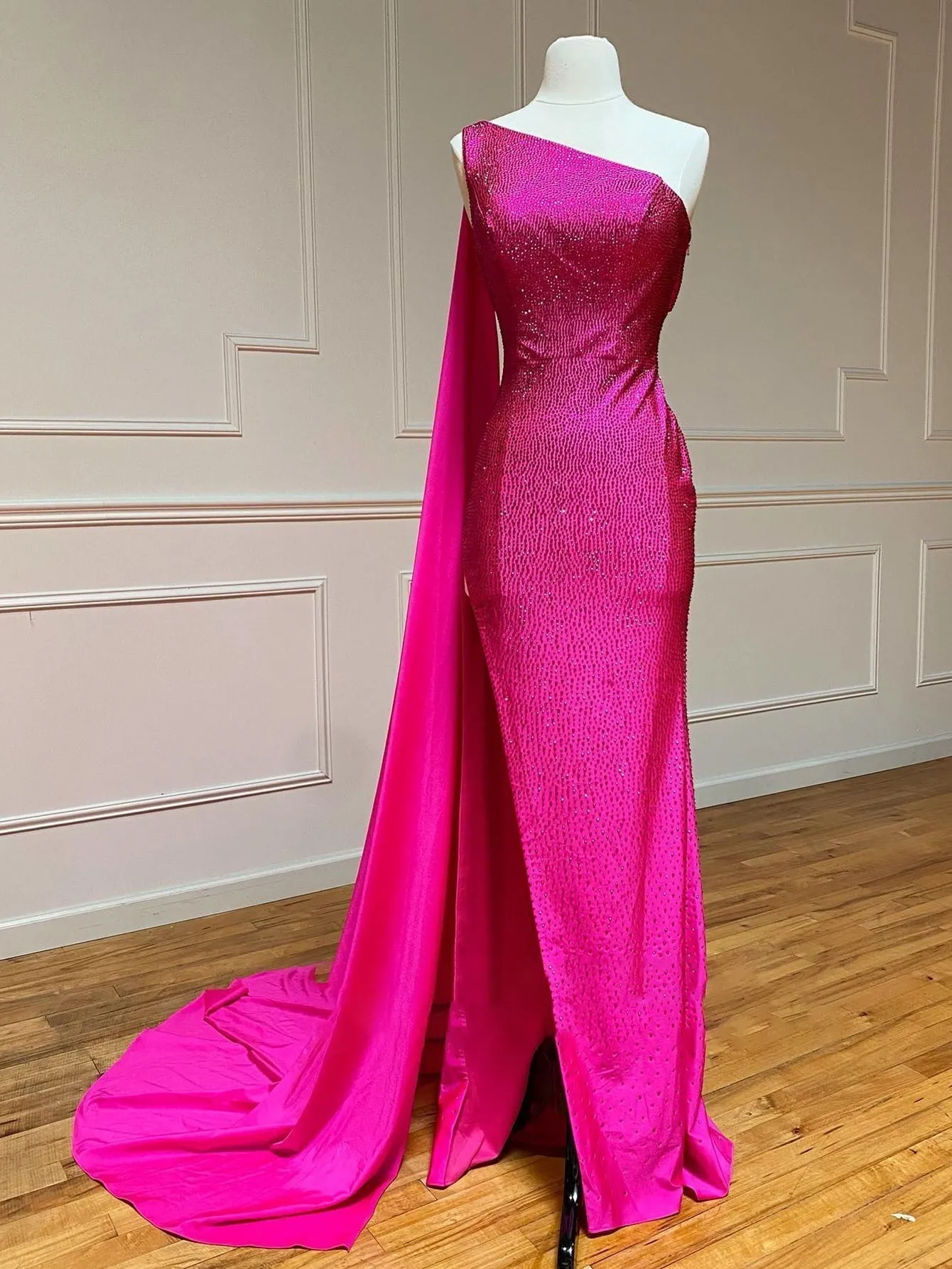 One Shoulder Glitter Mermaid Pink Long Prom Dress