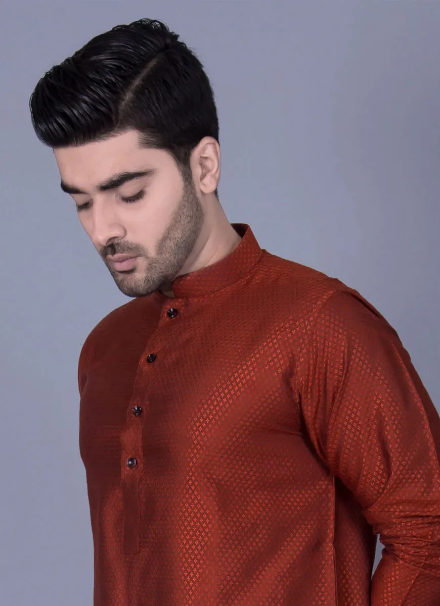 Orange Diamond Self Texture Jamawar Kurta