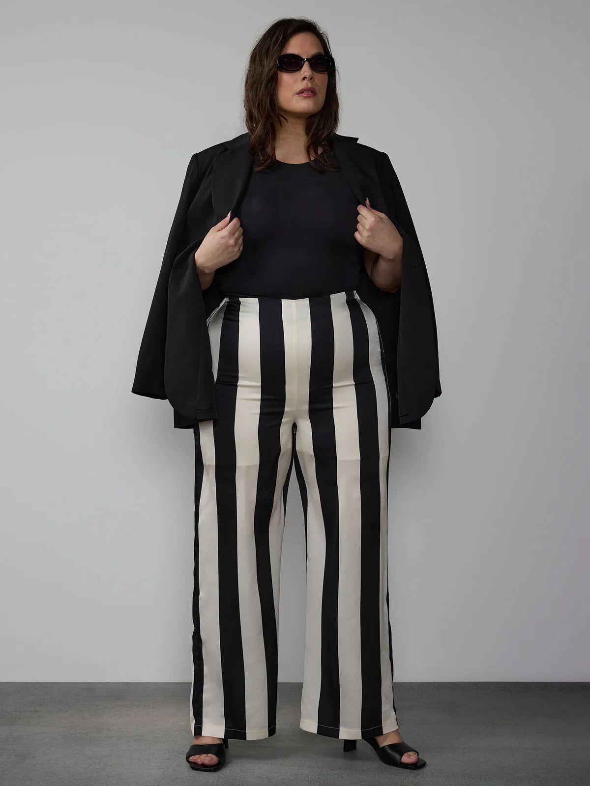 Plus Black and White Satin Wide Leg Pant