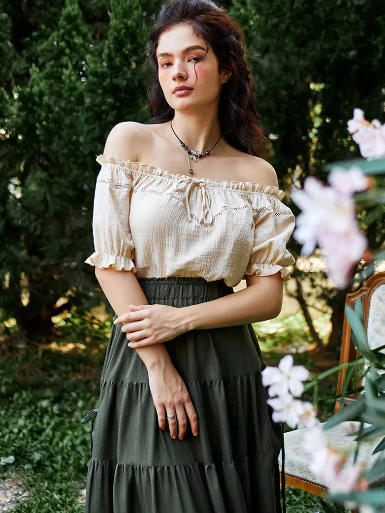 Renaissance Off Shoulder Lace-up Cotton Tops