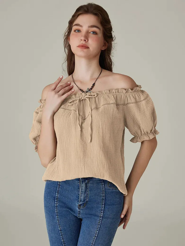 Renaissance Off Shoulder Lace-up Cotton Tops