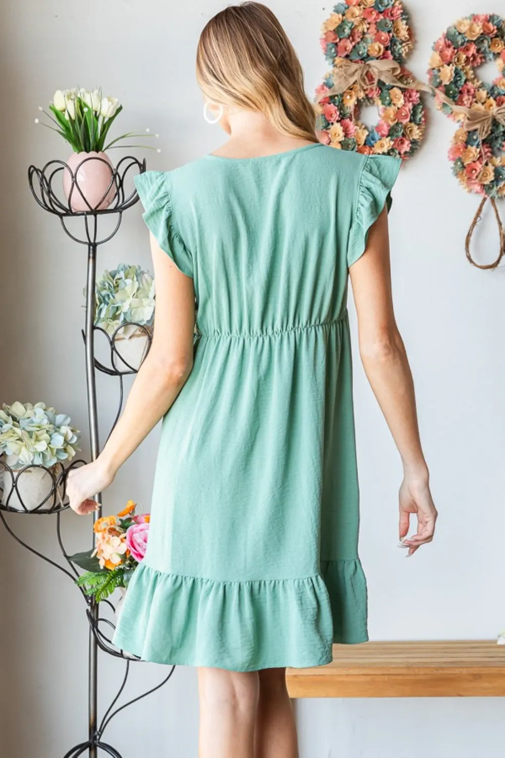 Ruby - Short Sleeve V Neck Ruffled Hem Dress - Sage - Exclusively Online