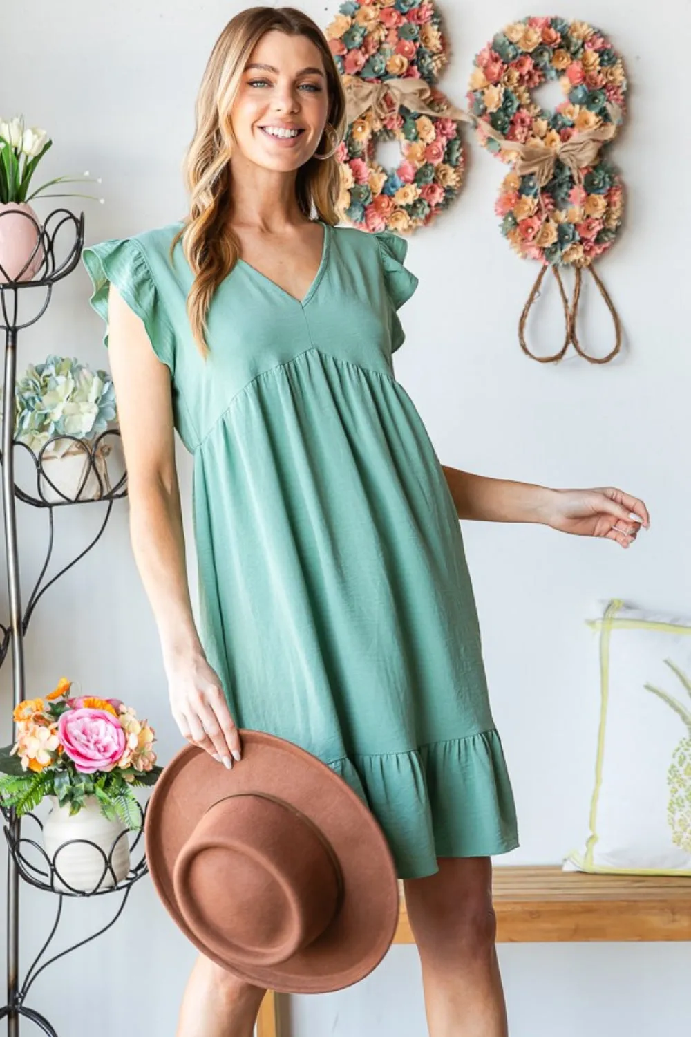 Ruby - Short Sleeve V Neck Ruffled Hem Dress - Sage - Exclusively Online