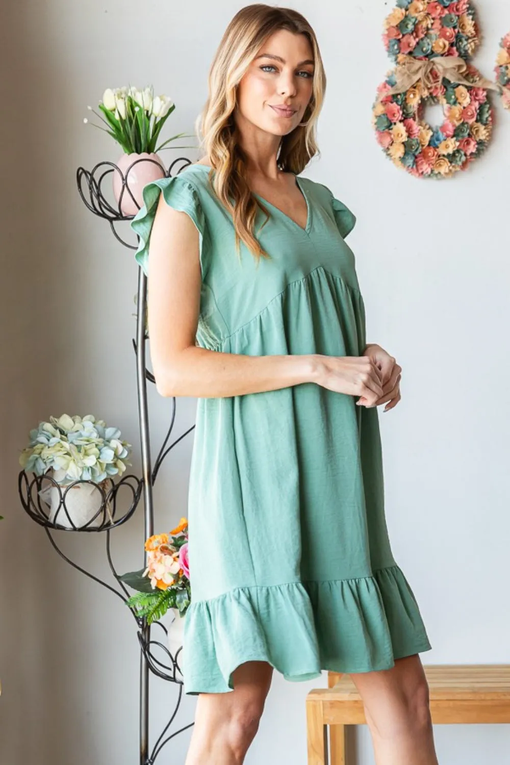 Ruby - Short Sleeve V Neck Ruffled Hem Dress - Sage - Exclusively Online