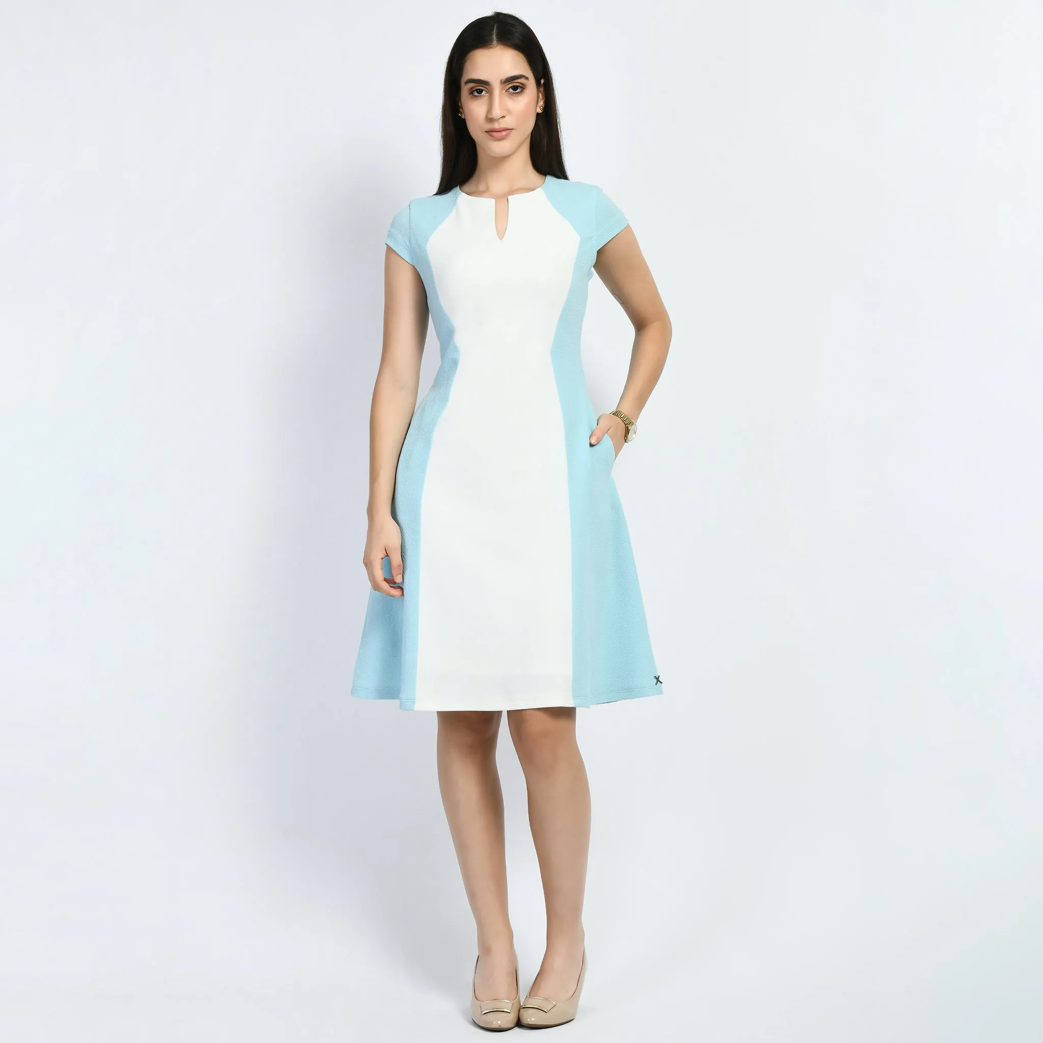 Sky Blue Cotton Blend Blocked Sculpt A-Line Dress