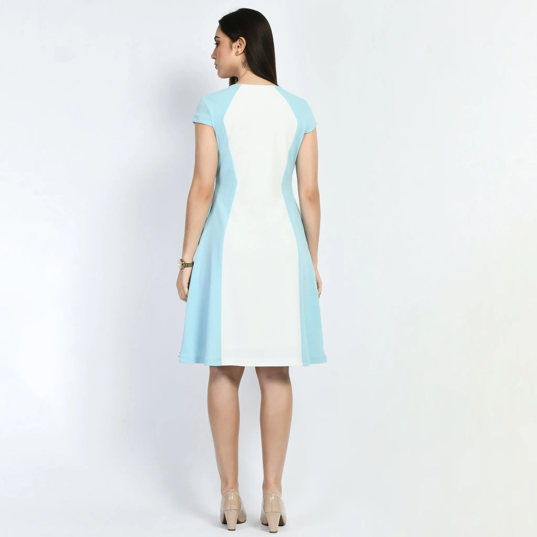 Sky Blue Cotton Blend Blocked Sculpt A-Line Dress