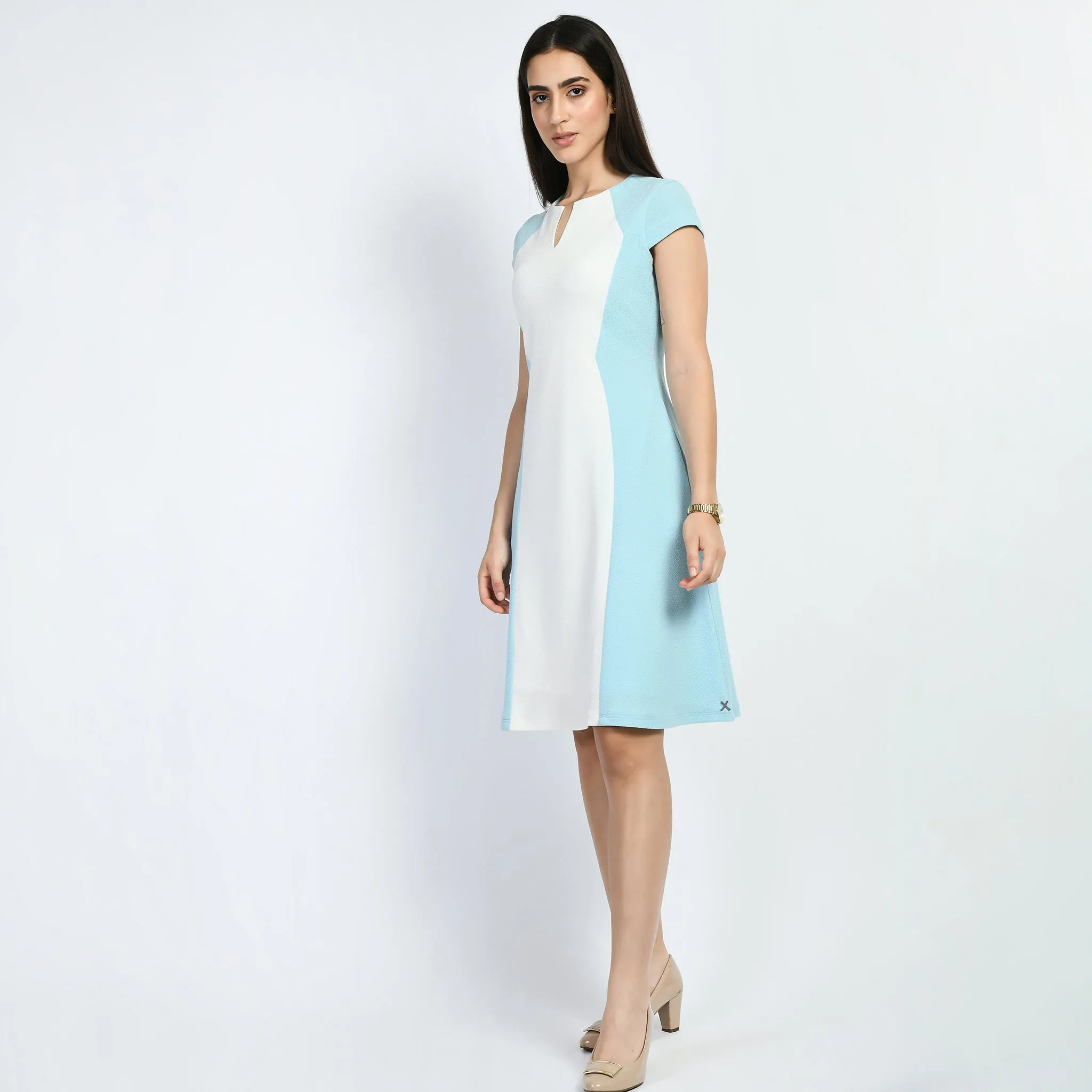 Sky Blue Cotton Blend Blocked Sculpt A-Line Dress