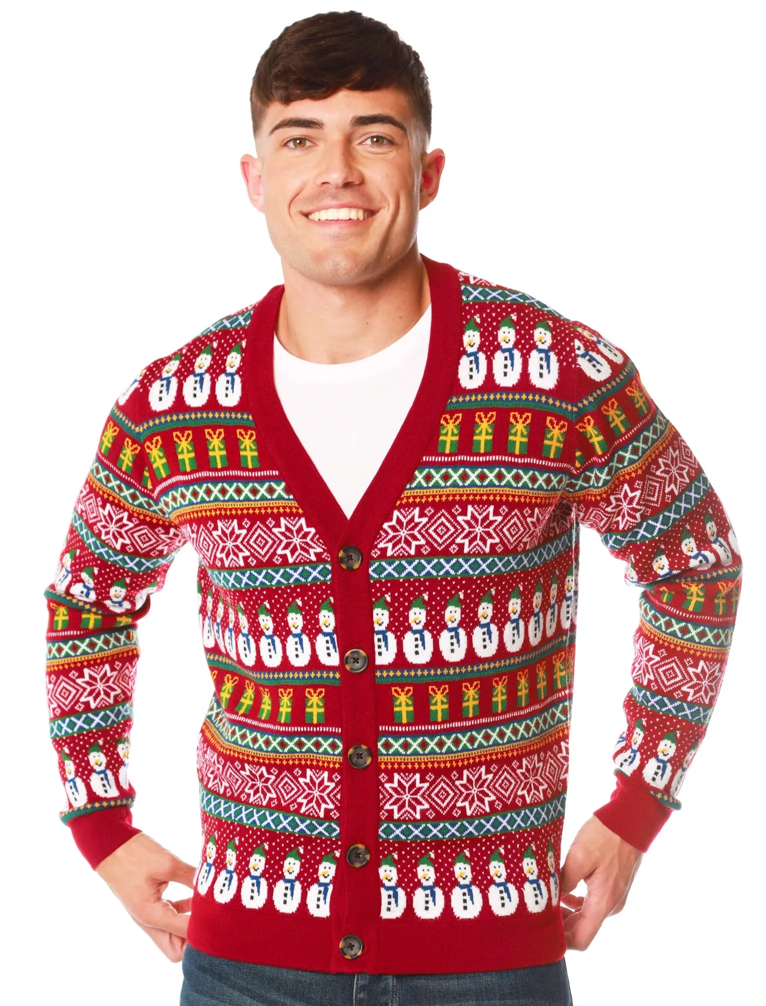 Snowman Cardi Wallpaper Print Novelty Christmas Cardigan in Red - Merry Christmas