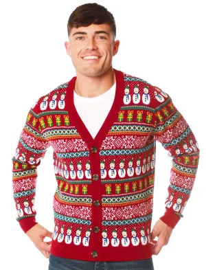 Snowman Cardi Wallpaper Print Novelty Christmas Cardigan in Red - Merry Christmas