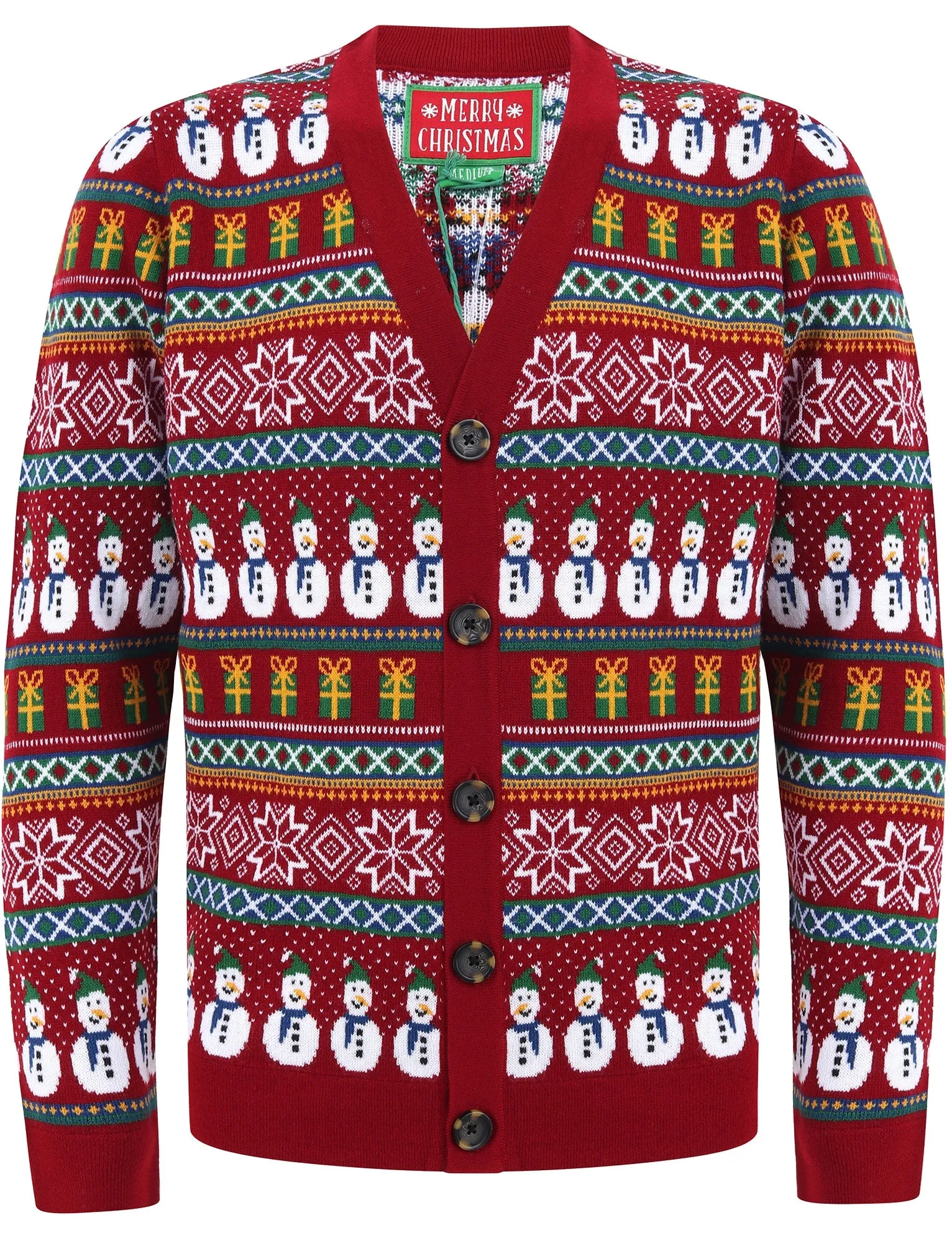 Snowman Cardi Wallpaper Print Novelty Christmas Cardigan in Red - Merry Christmas