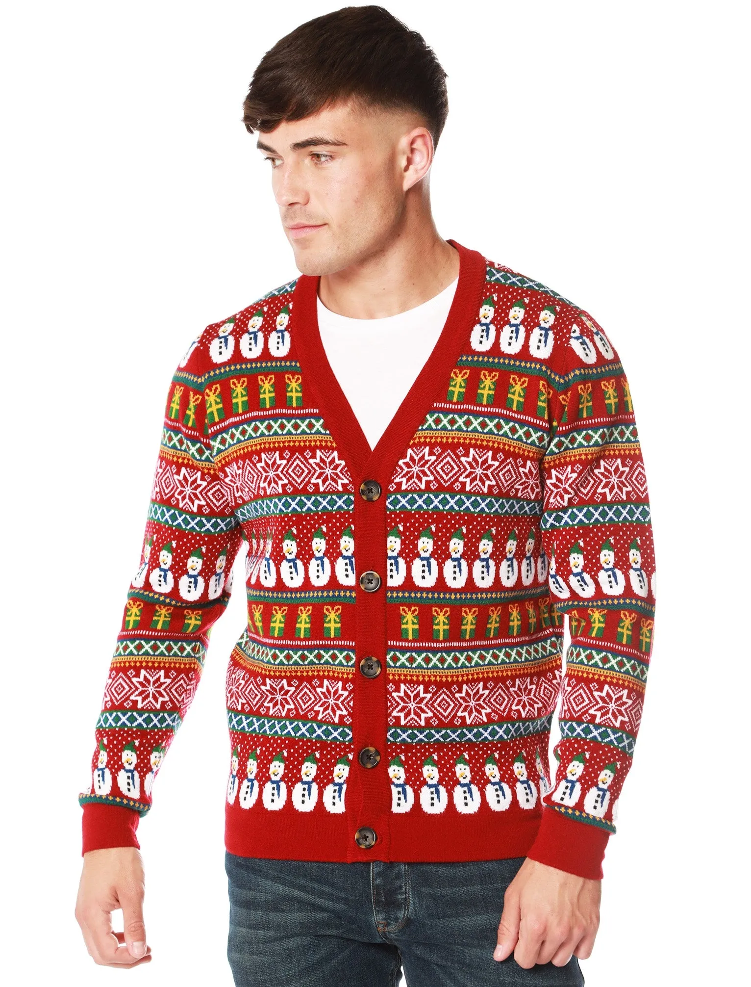 Snowman Cardi Wallpaper Print Novelty Christmas Cardigan in Red - Merry Christmas
