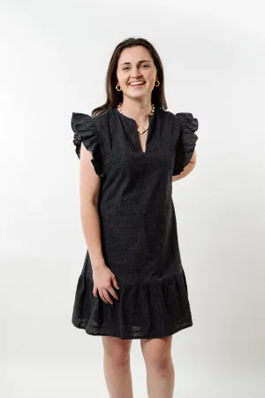 The Willow Flutter Sleeve Dress in Black Eyelet