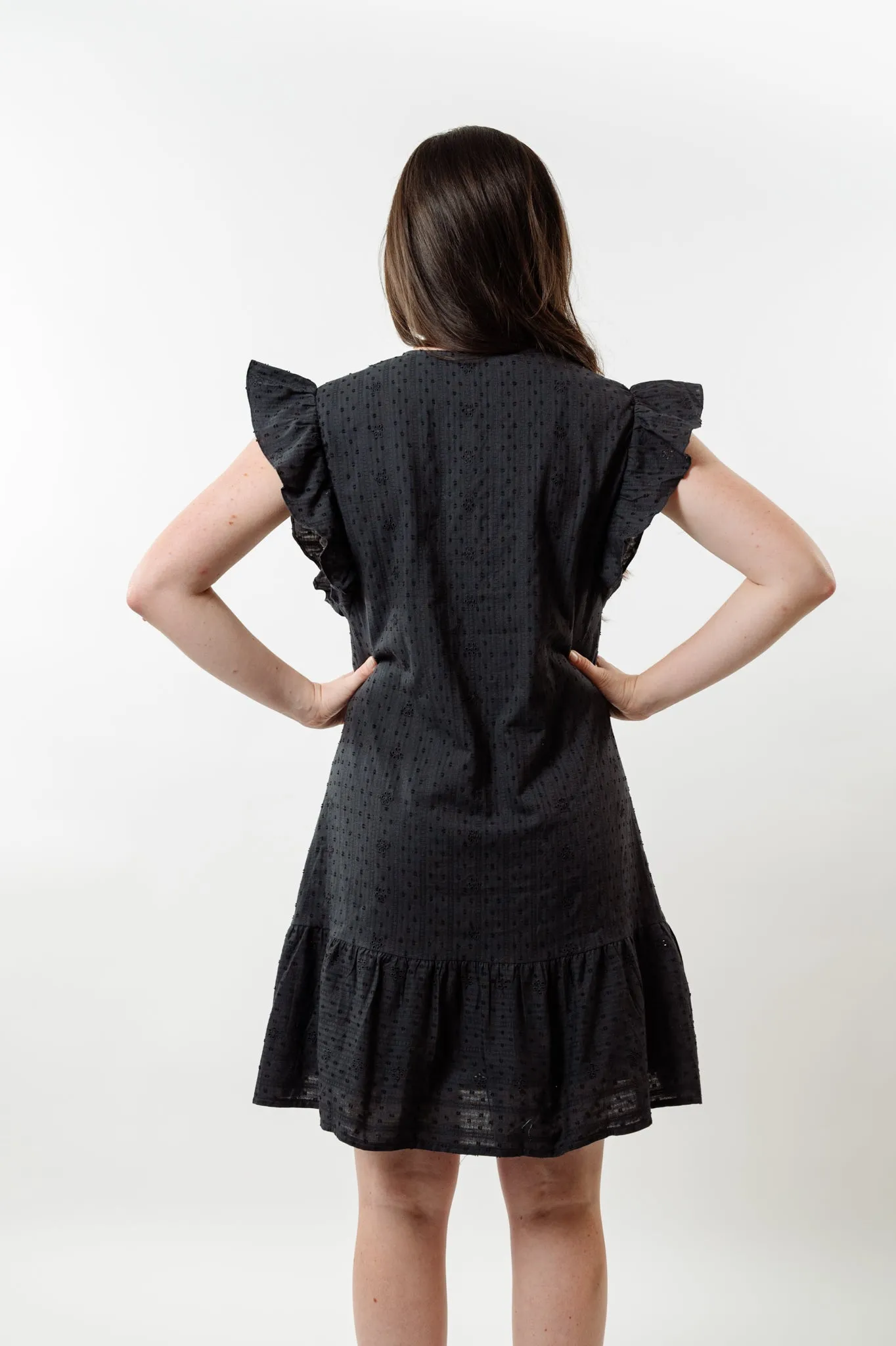 The Willow Flutter Sleeve Dress in Black Eyelet