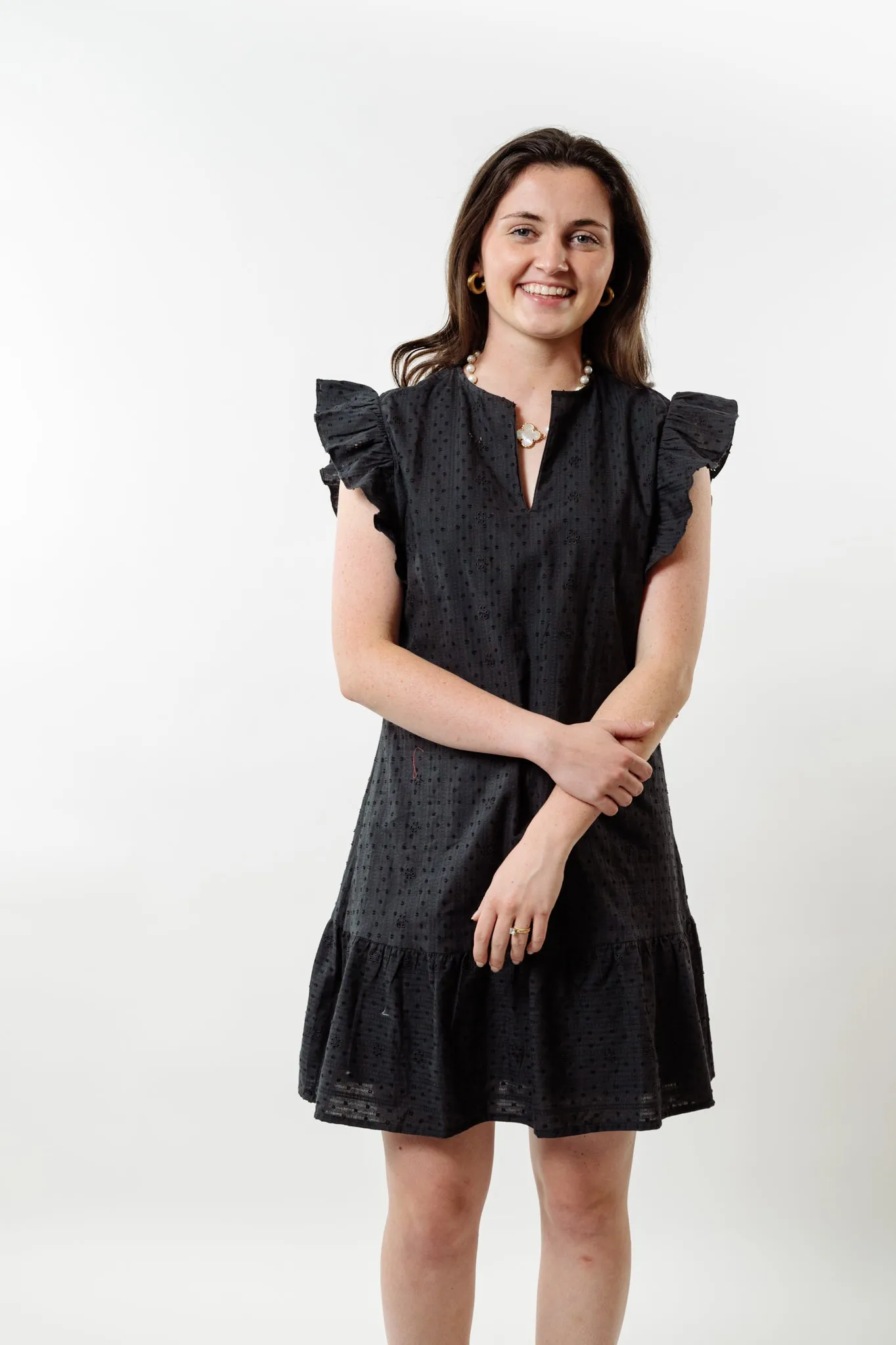 The Willow Flutter Sleeve Dress in Black Eyelet