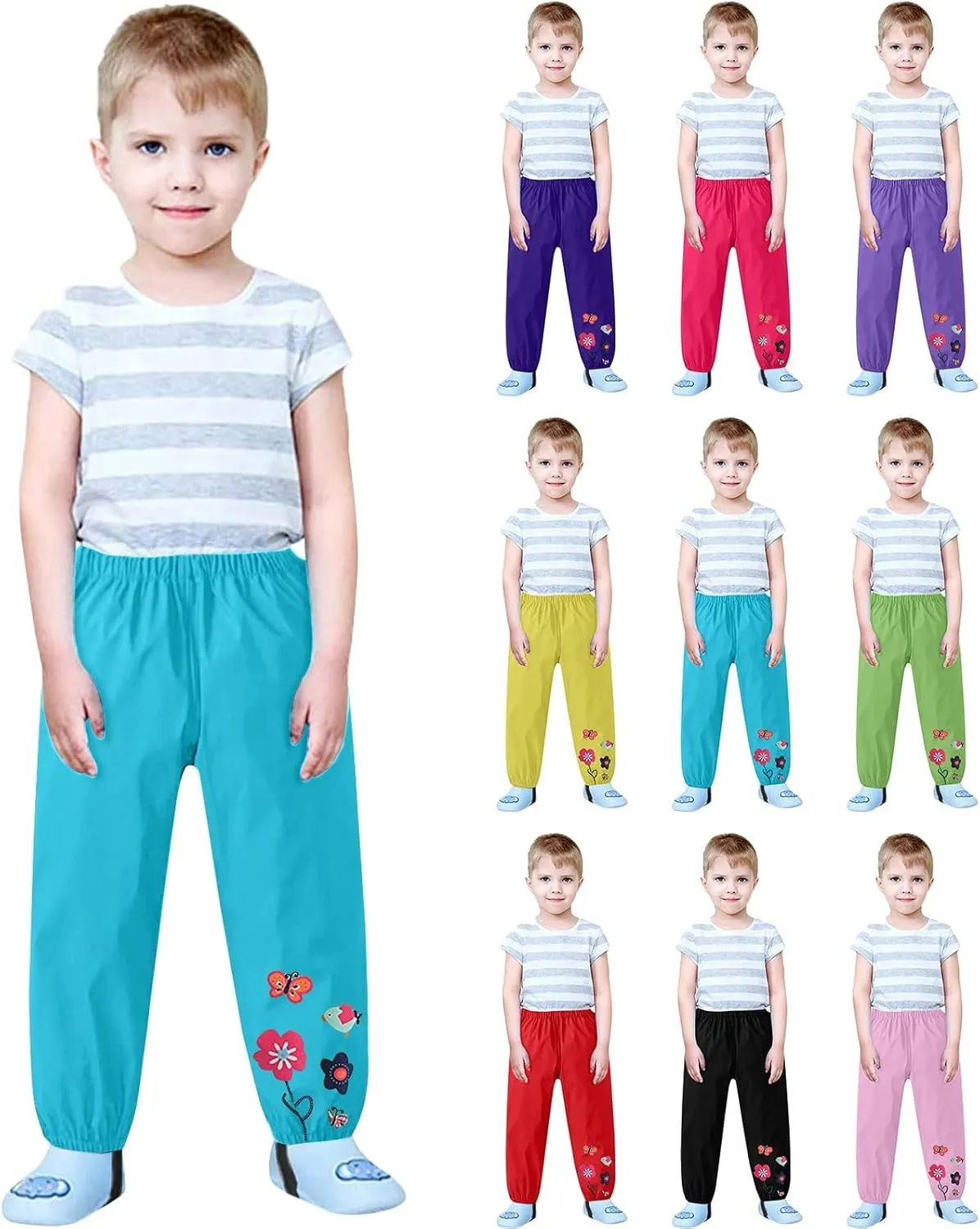 Toddler Boys Girls Rain Pants Waterproof Pants Cute Butterfly Floral Mud Dirty Proof Trousers Lightweight Rain Suit