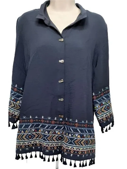 Top-Dark Blue-Button Front3/4 Sleevew Collar-Women's-J33834bm