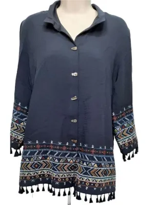 Top-Dark Blue-Button Front3/4 Sleevew Collar-Women's-J33834bm