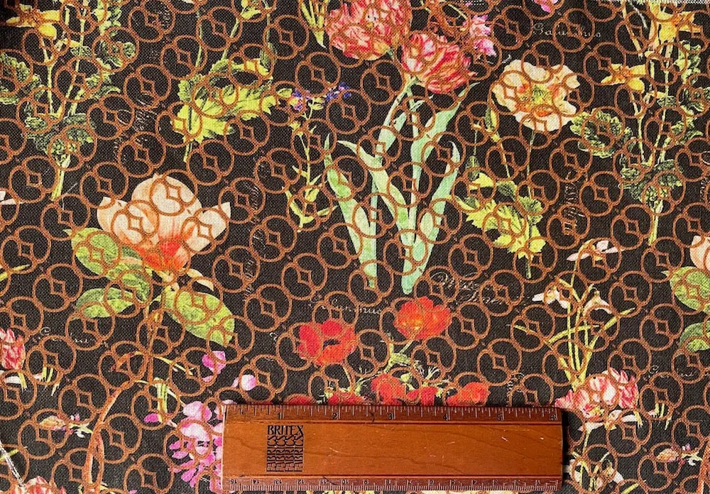 Trellised Botanical Peonies & Poppies Wool Challis (Made in Italy)