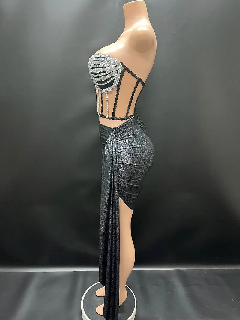 Trend4us Women's Glamorous Beaded Corset Ruched Skirt Set