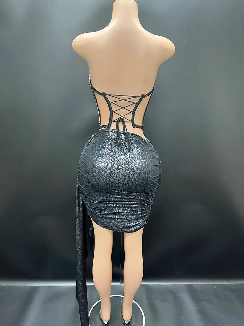 Trend4us Women's Glamorous Beaded Corset Ruched Skirt Set