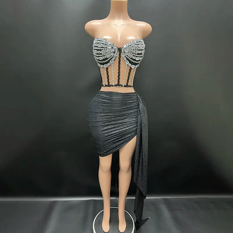 Trend4us Women's Glamorous Beaded Corset Ruched Skirt Set
