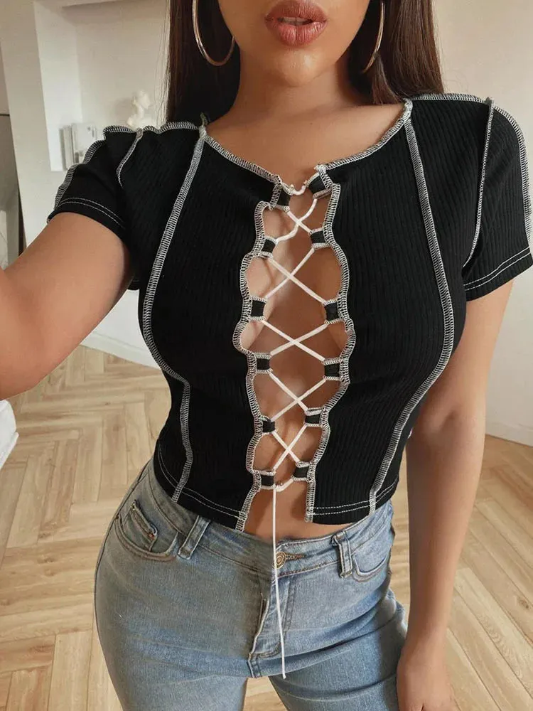Vintage Patchwork Design Punk Style Female Clothes Short Sleeve Tee