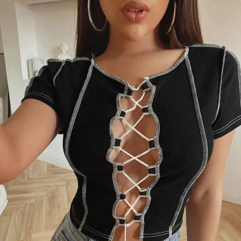 Vintage Patchwork Design Punk Style Female Clothes Short Sleeve Tee