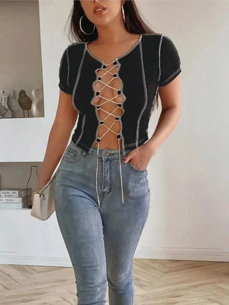 Vintage Patchwork Design Punk Style Female Clothes Short Sleeve Tee