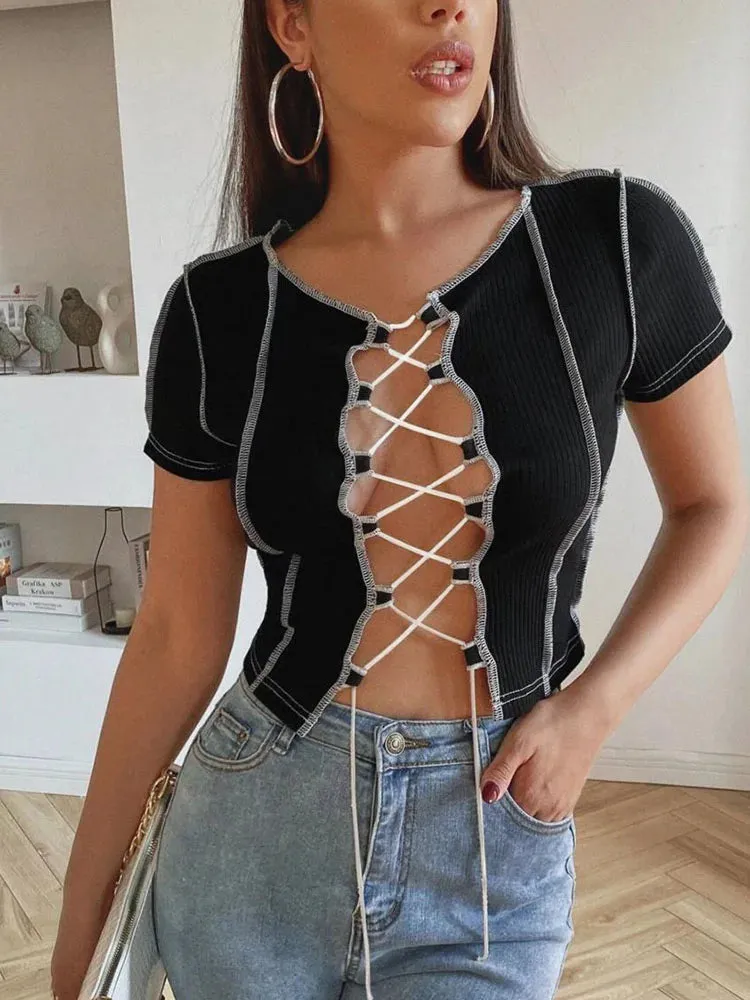 Vintage Patchwork Design Punk Style Female Clothes Short Sleeve Tee