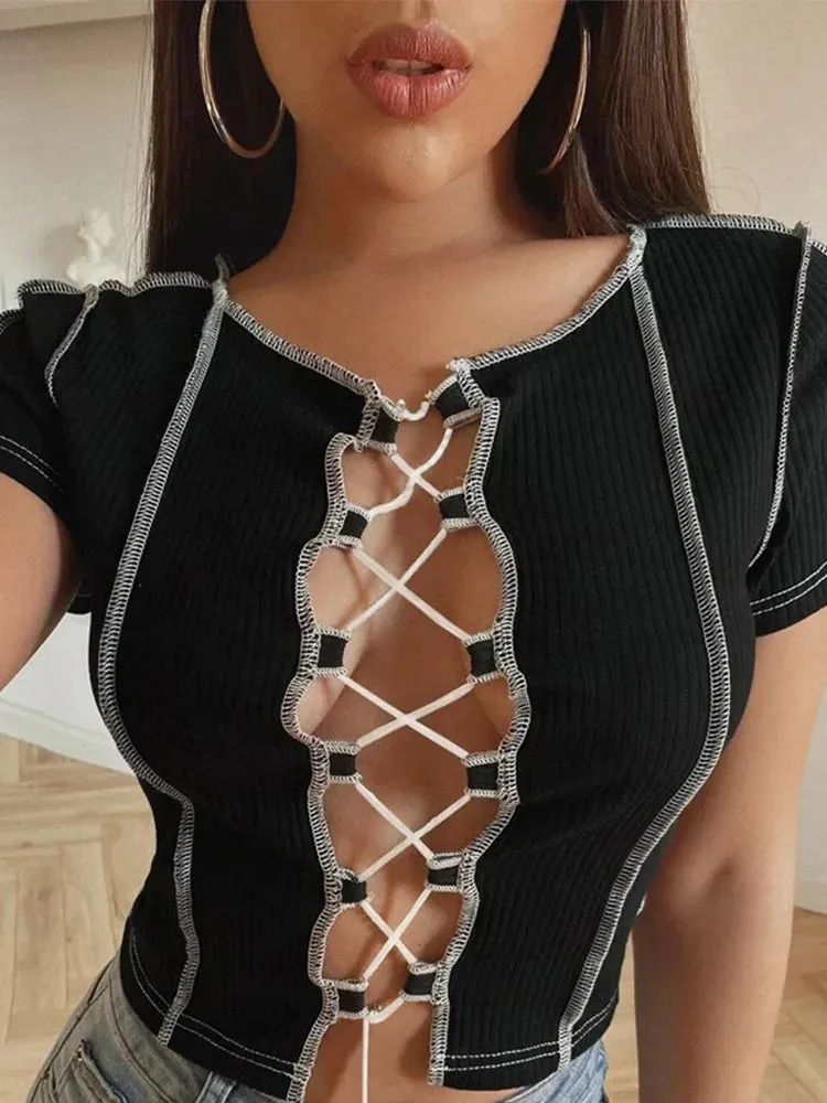 Vintage Patchwork Design Punk Style Female Clothes Short Sleeve Tee