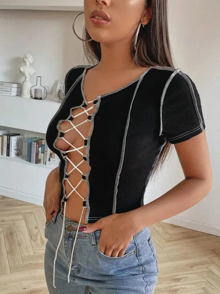 Vintage Patchwork Design Punk Style Female Clothes Short Sleeve Tee