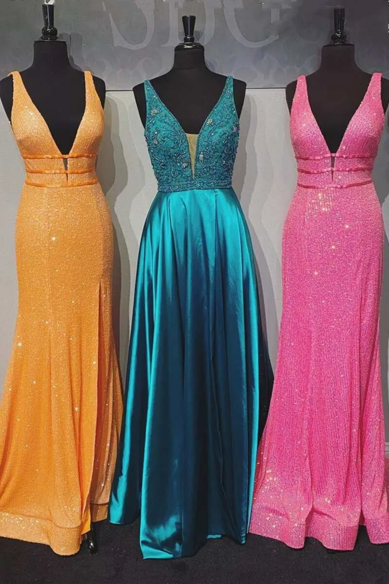 White Sequined V-Neck Mermaid Prom Dress with Slit