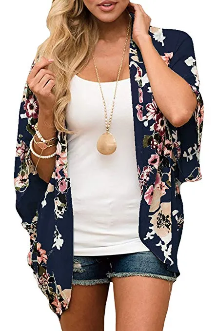 Women Floral Cardigans Chiffon Casual Loose Open Front Cover Ups Tops