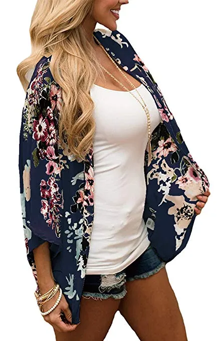 Women Floral Cardigans Chiffon Casual Loose Open Front Cover Ups Tops