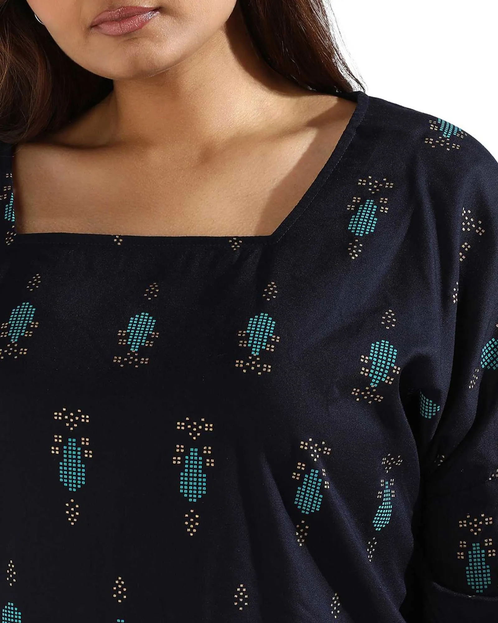 Women Floral Design Casual Tops | Navy
