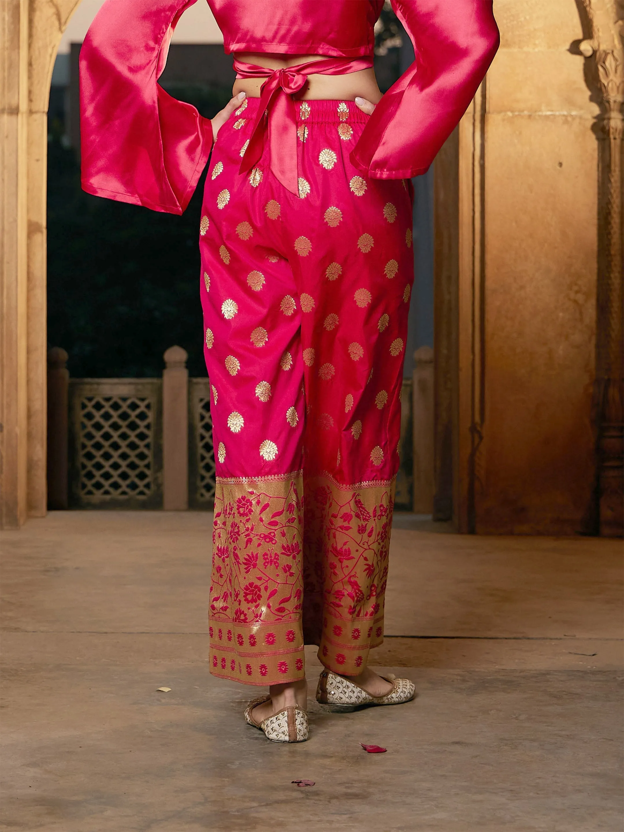 Women Fuchsia Brocade Jacquard Palazzos