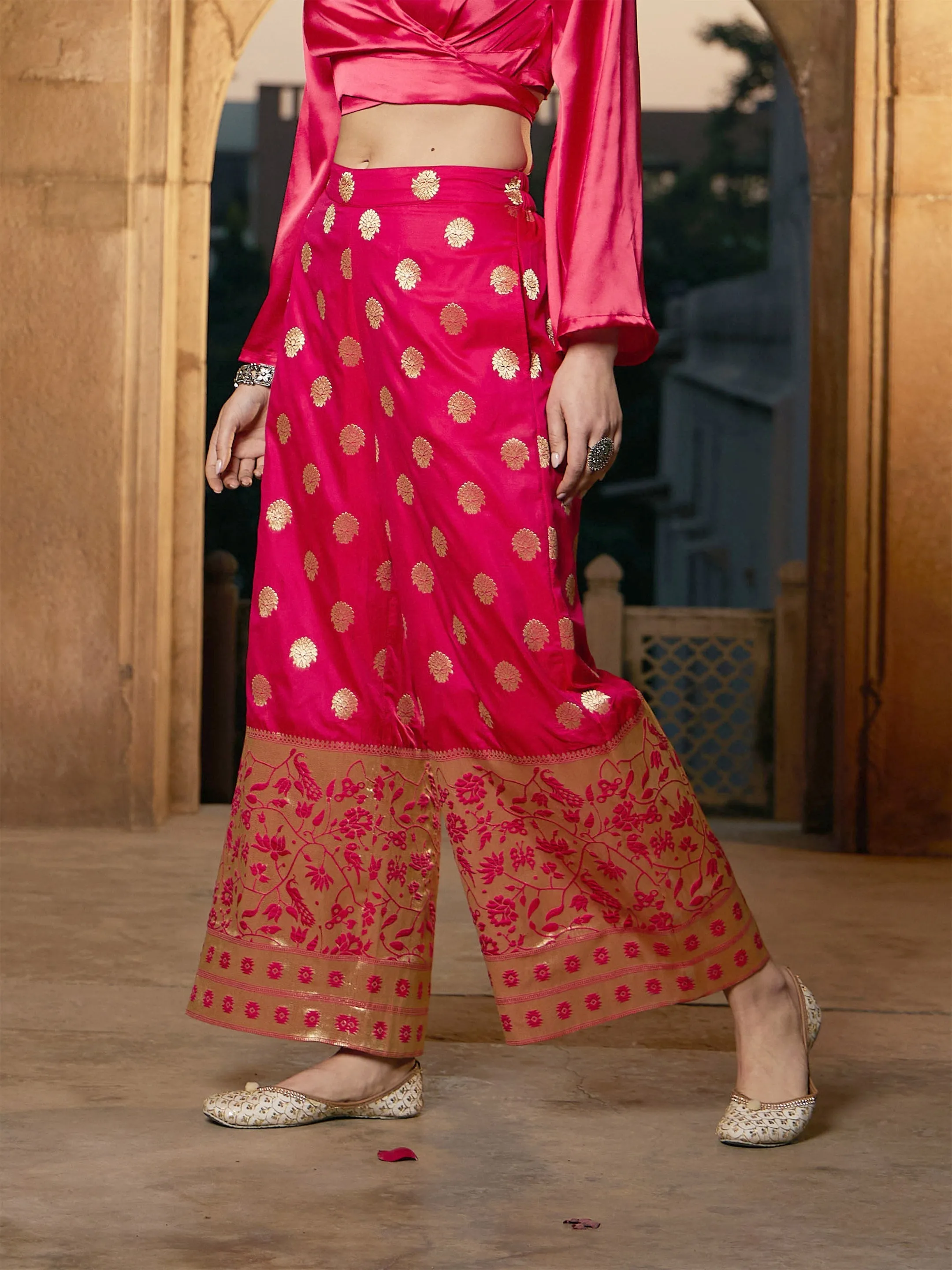 Women Fuchsia Brocade Jacquard Palazzos