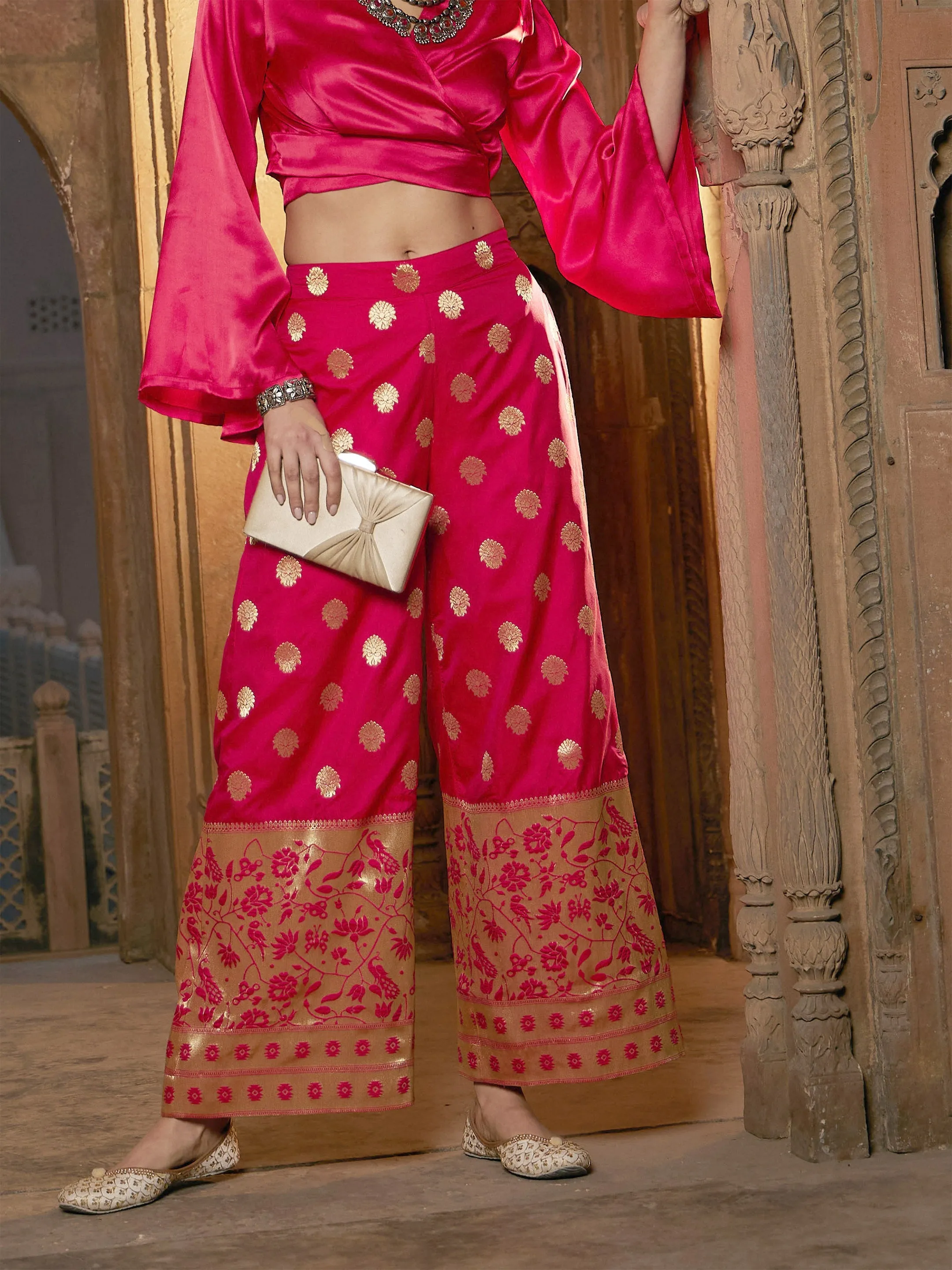 Women Fuchsia Brocade Jacquard Palazzos