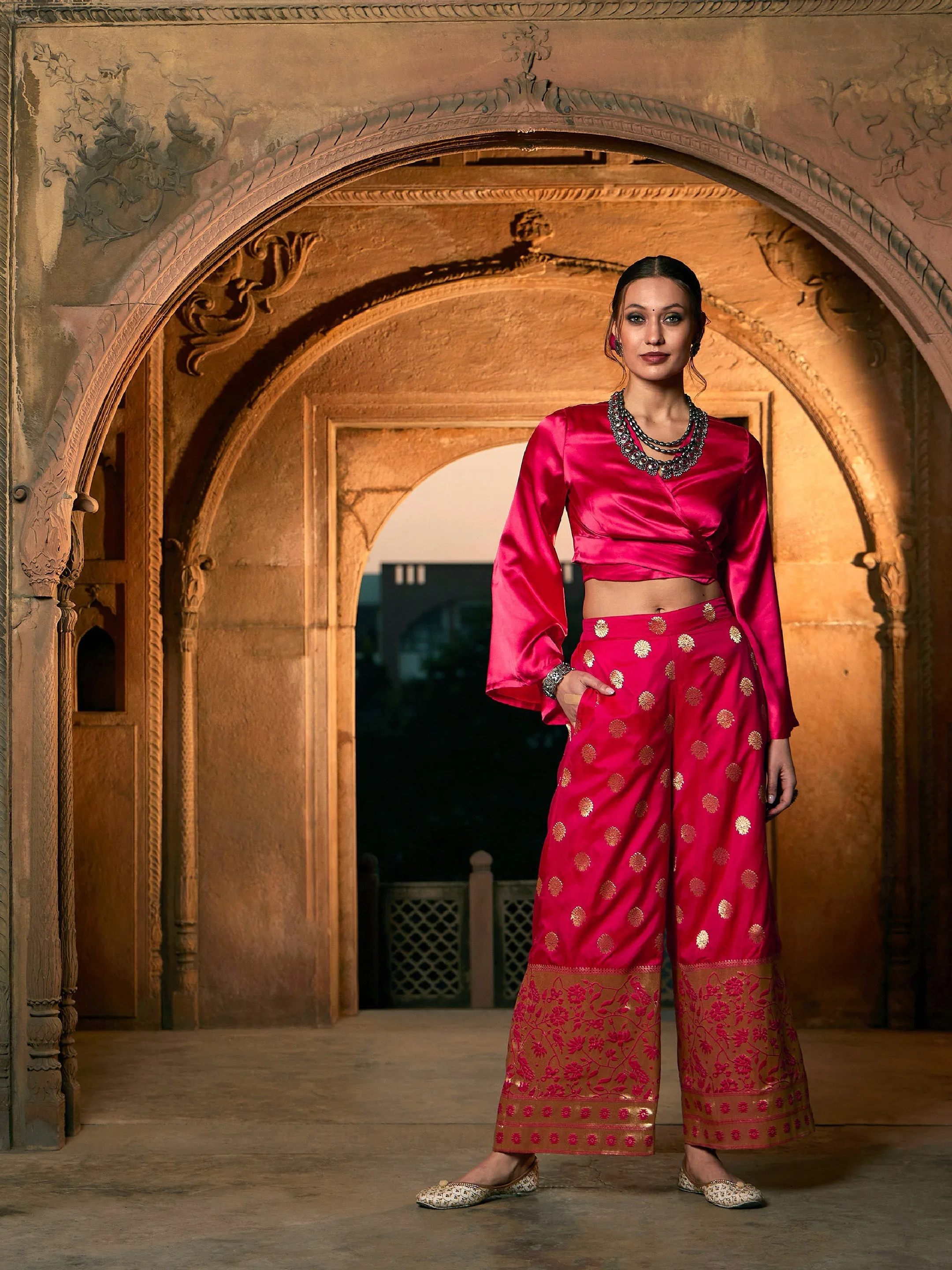 Women Fuchsia Brocade Jacquard Palazzos