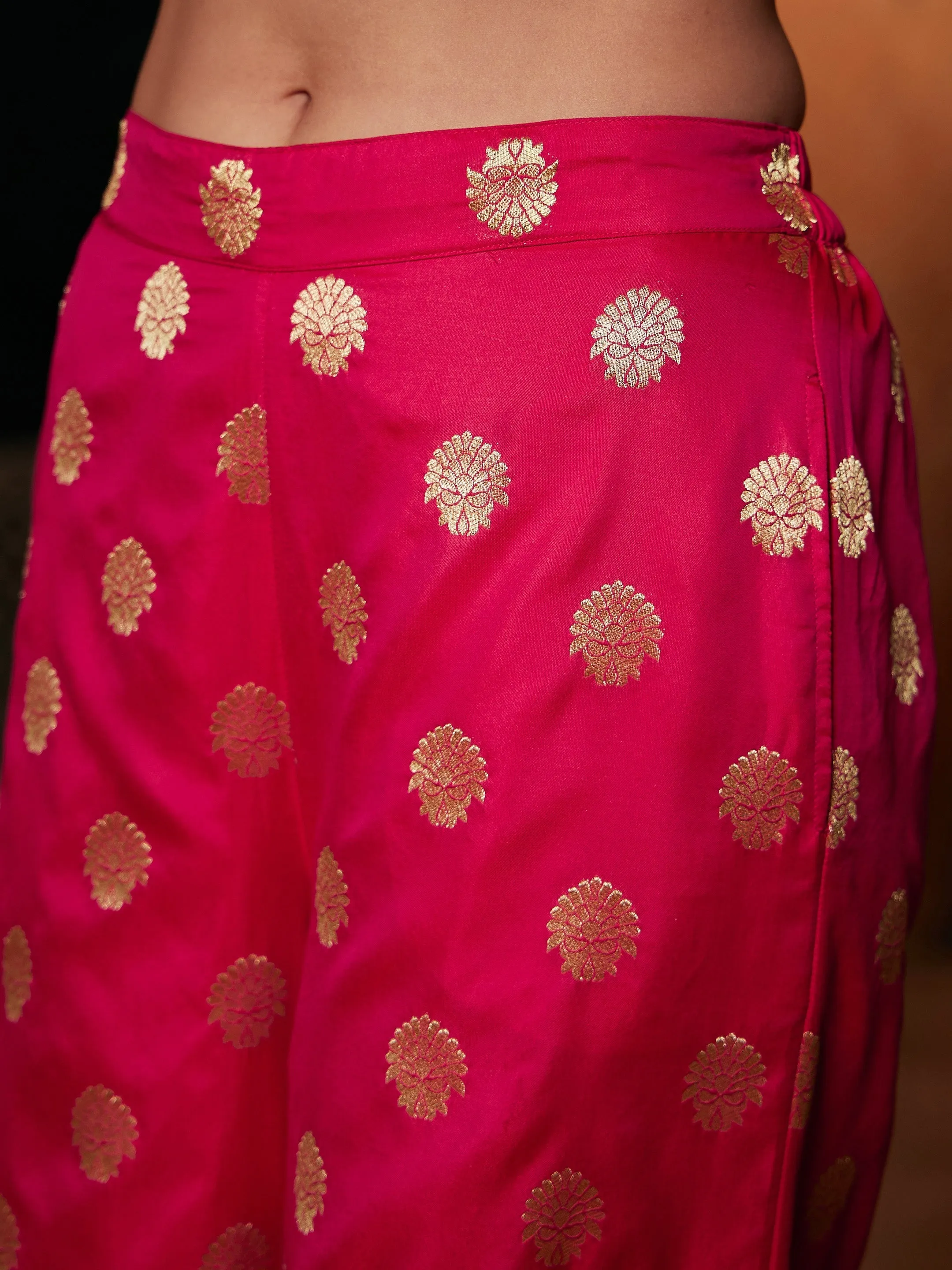 Women Fuchsia Brocade Jacquard Palazzos